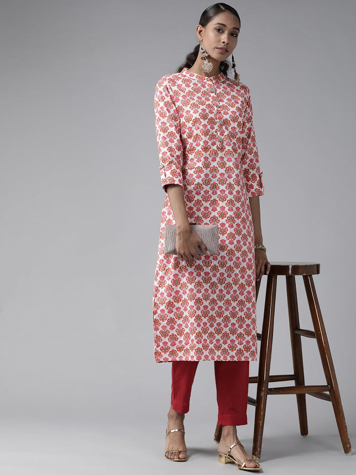 Off-White & Pink Ethnic Printed kurtis for women-Yufta Store-9563KURRDS