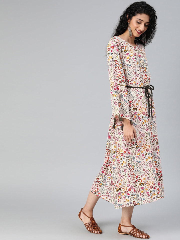 Off-White & Pink Printed Fit and Flare Dress With Tassel Detailing-Yufta Store-1832DRSWHS