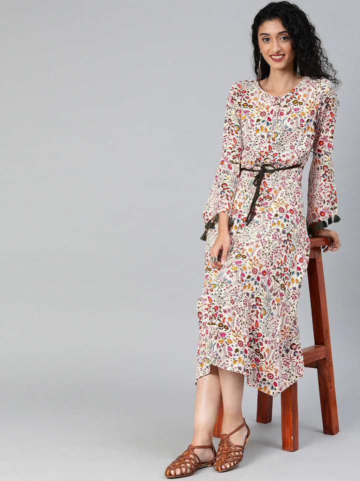 Off-White & Pink Printed Fit and Flare Dress With Tassel Detailing-Yufta Store-1832DRSWHS