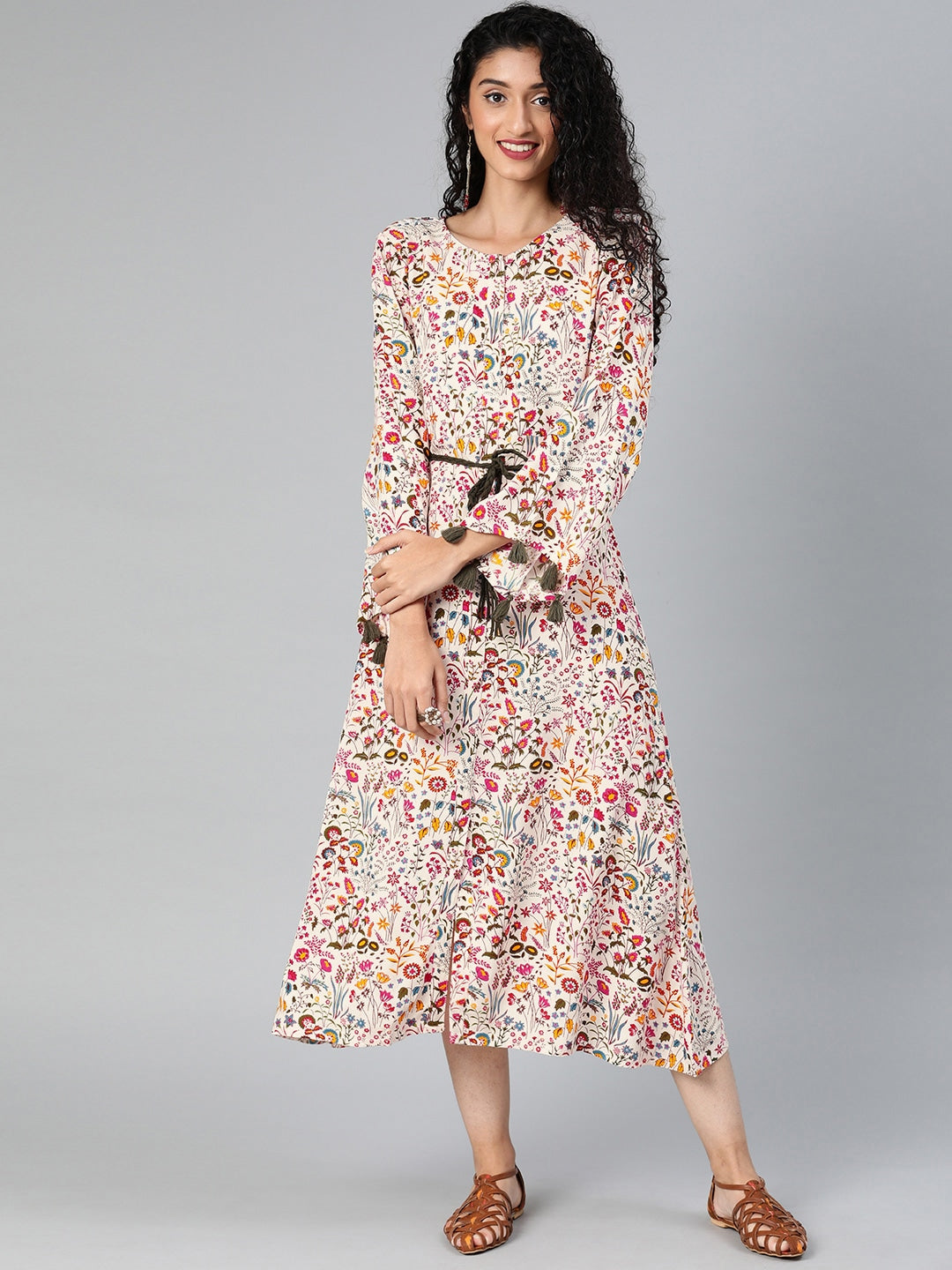 Off-White & Pink Printed Fit and Flare Dress With Tassel Detailing-Yufta Store-1832DRSWHS