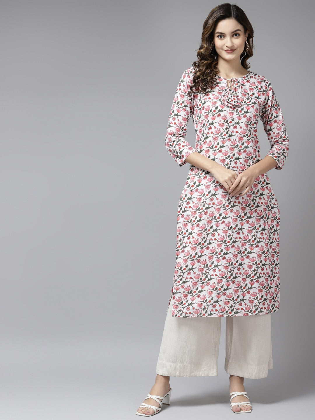 Off White & Pink Printed Kurta-Yufta Store-9562KURPKS