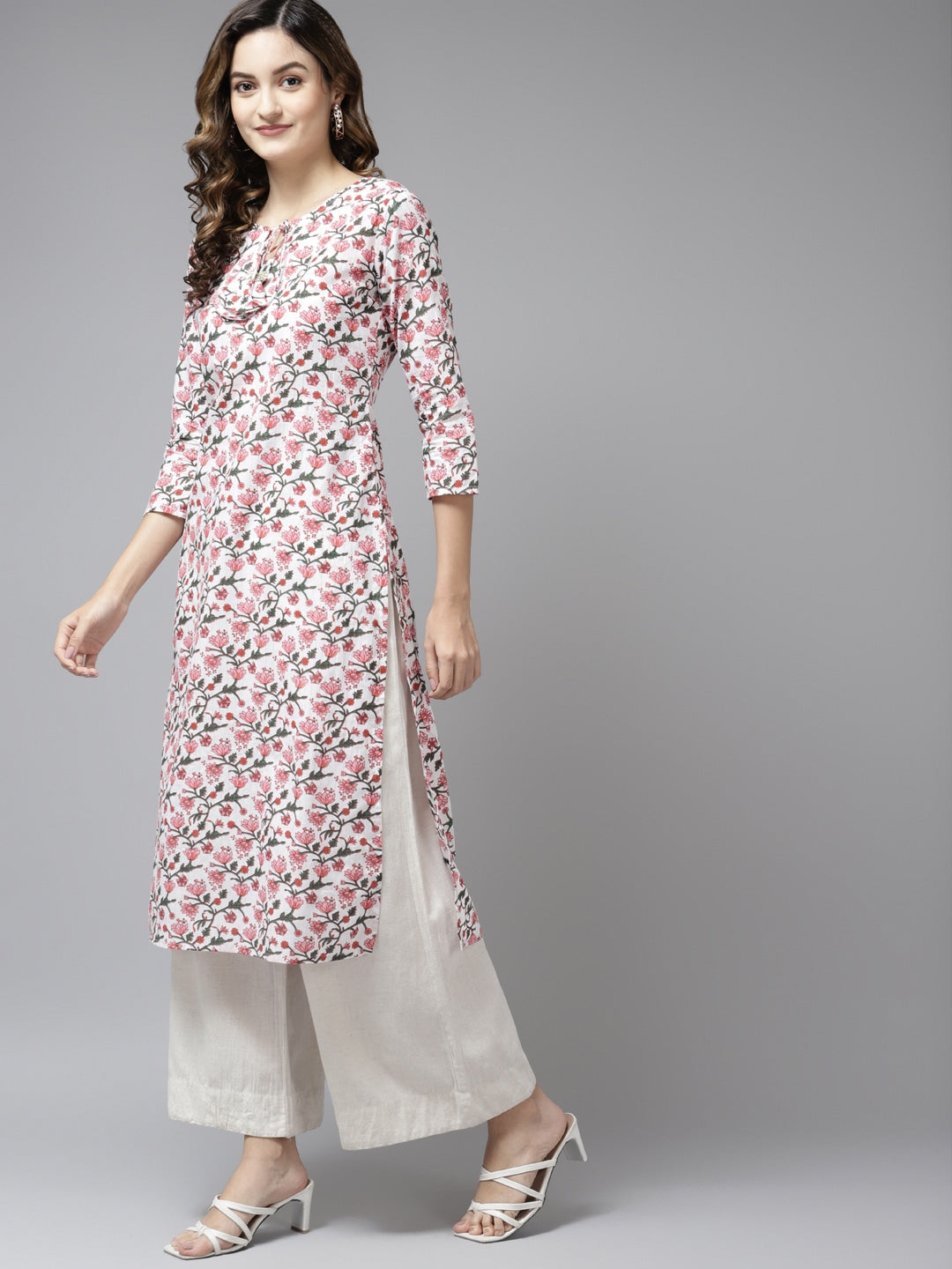 Off White & Pink Printed Kurta-Yufta Store-9562KURPKS