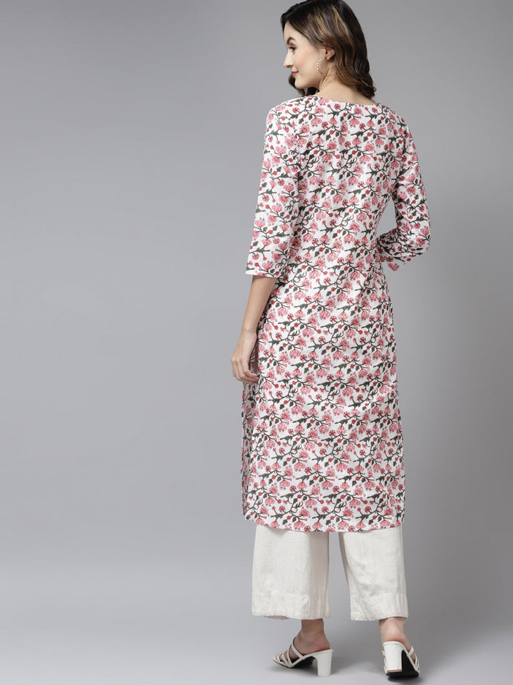 Off White & Pink Printed Kurta-Yufta Store-9562KURPKS