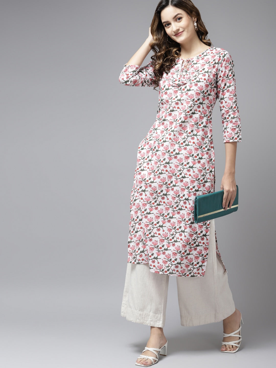 Off White & Pink Printed Kurta-Yufta Store-9562KURPKS