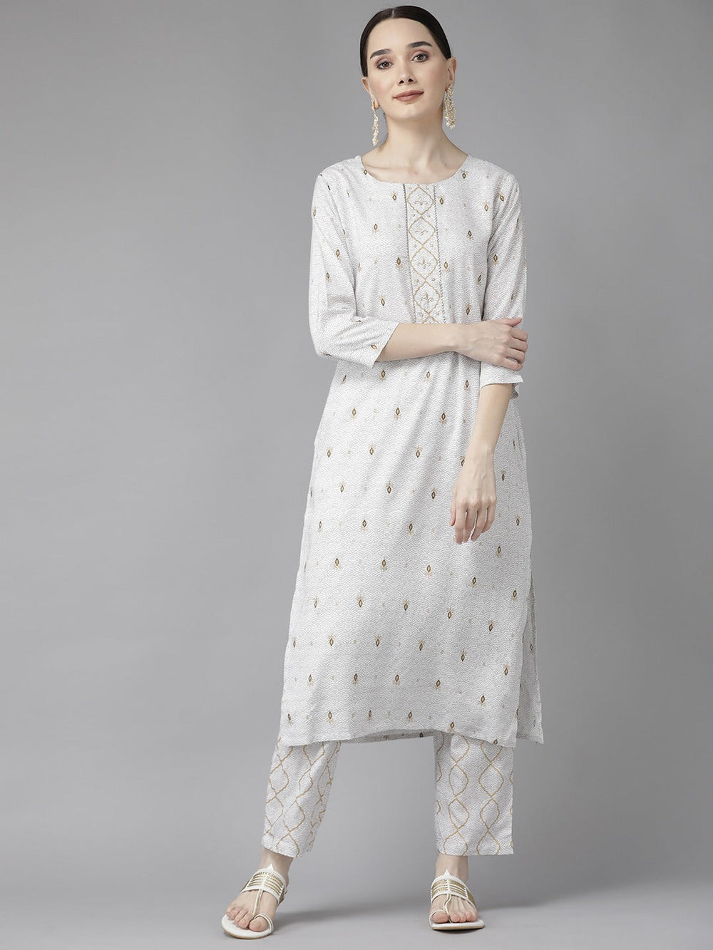 Off White Printed Kurta Set-Yufta Store-6209SETWHS