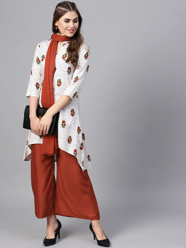 Off-White & Rust Printed Dupatta Set-Yufta Store-1955SETWHS