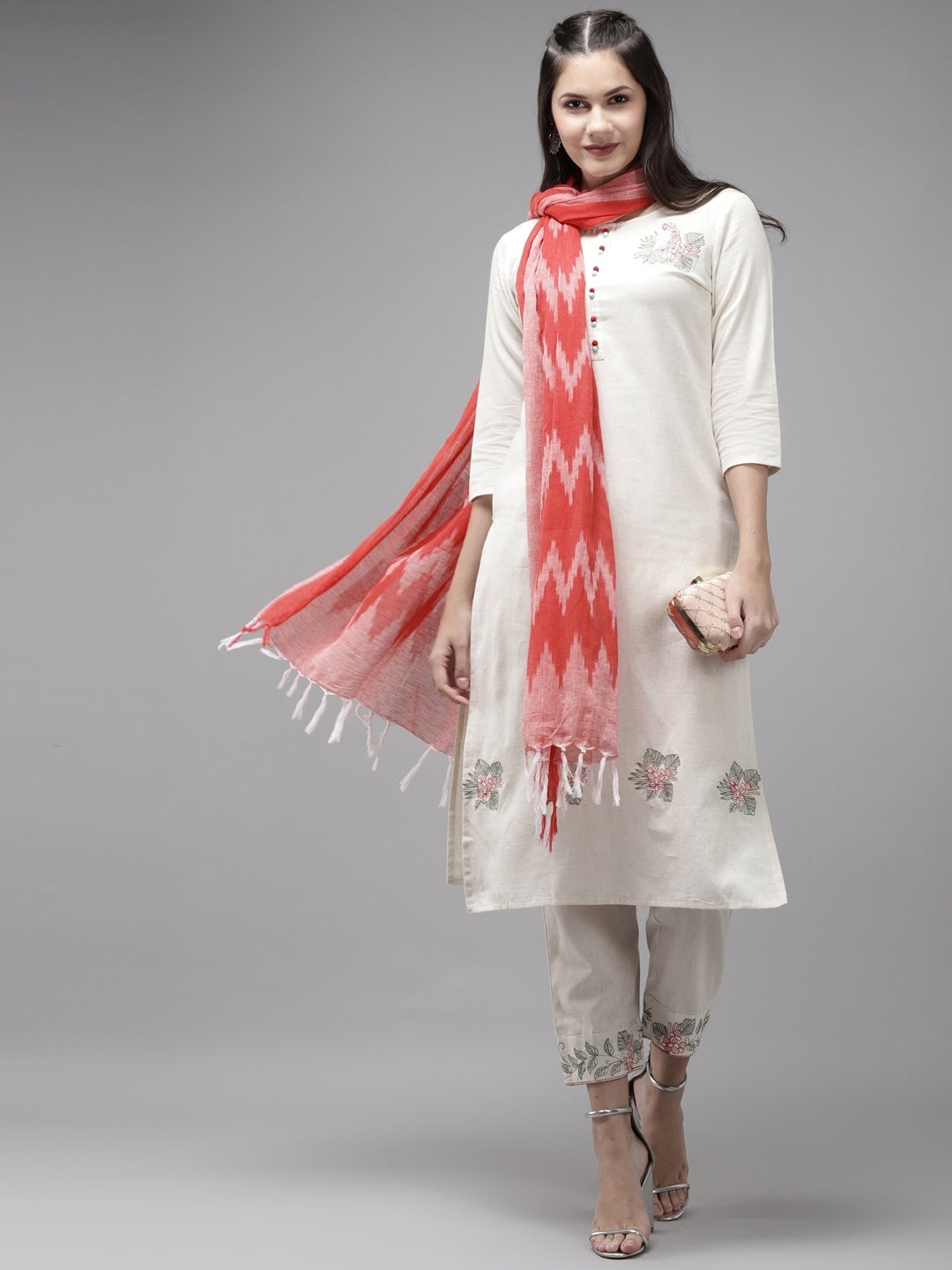 Offwhite Solid Dupatta Set-Yufta Store-8012SKDWHS