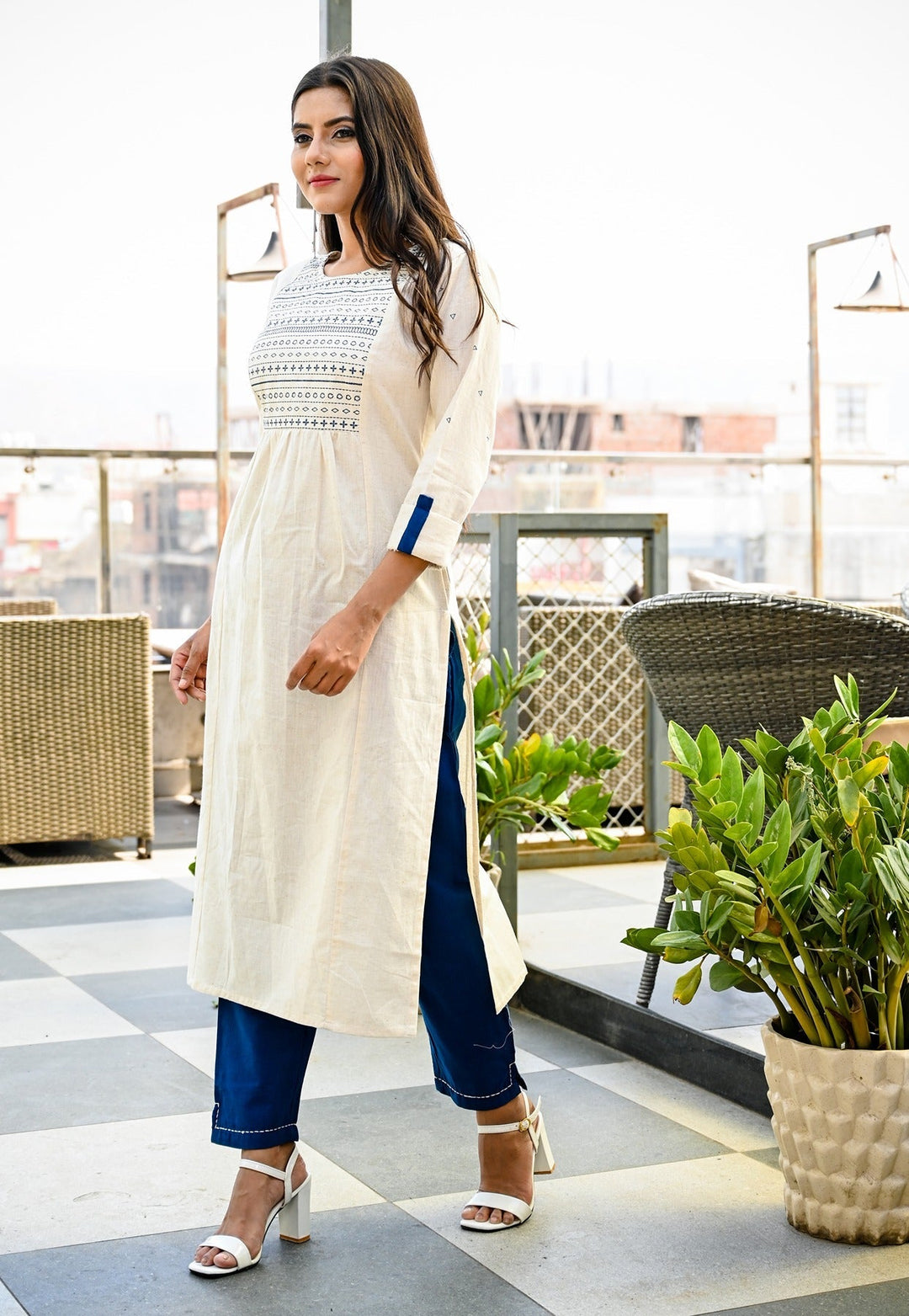 Offwhite and Blue Embroidered Kurta Set-Yufta Store-7744SETWHS