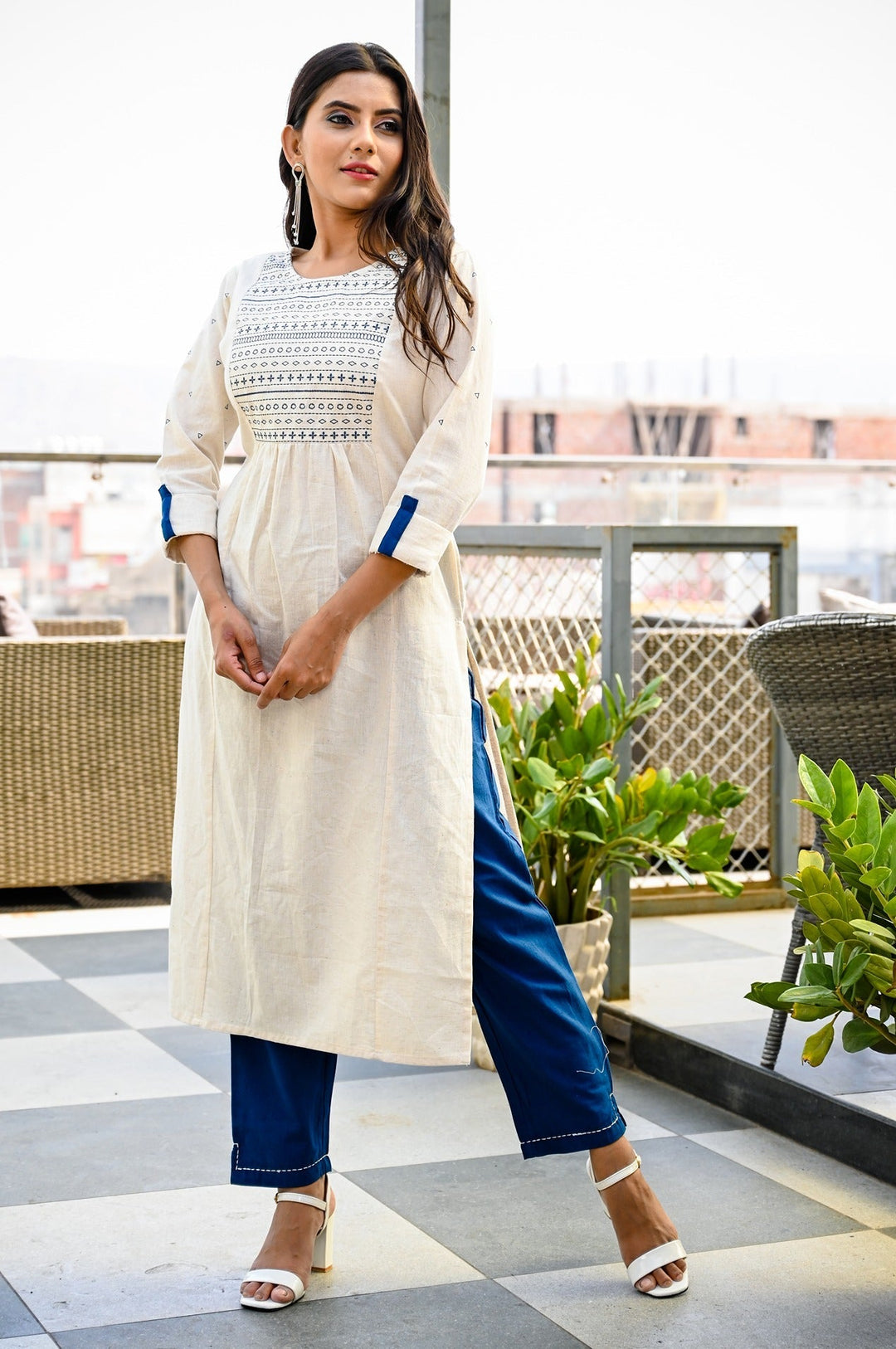 Offwhite and Blue Embroidered Kurta Set-Yufta Store-7744SETWHS