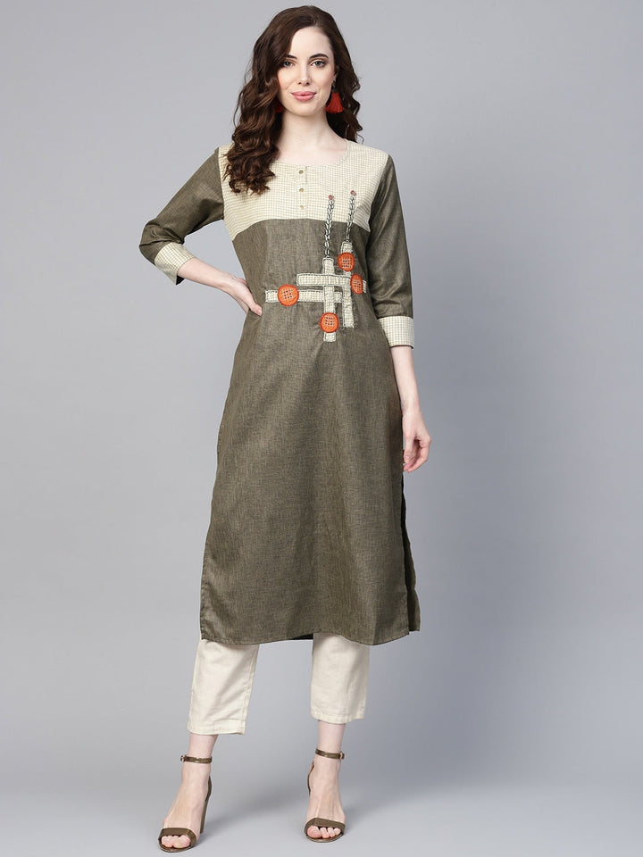 Olive Green & Beige Solid Kurta-Yufta Store-YUFPJKU957S