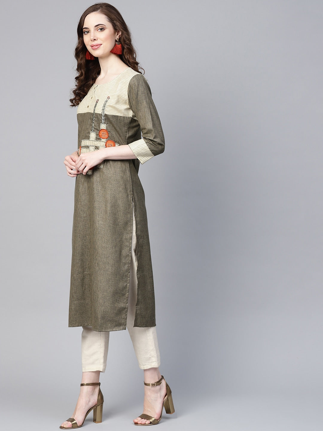 Olive Green & Beige Solid Kurta-Yufta Store-YUFPJKU957S