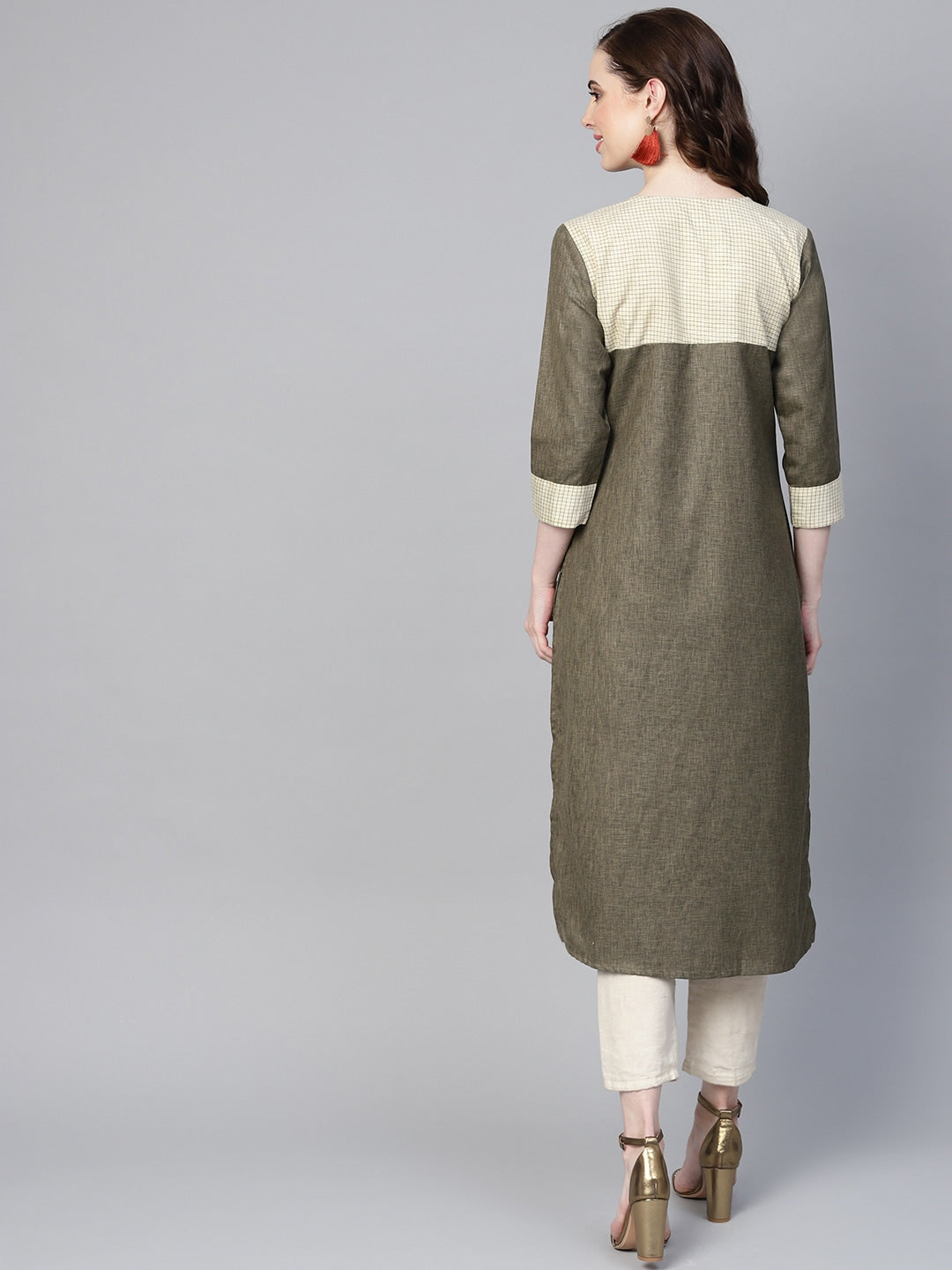 Olive Green & Beige Solid Kurta-Yufta Store-YUFPJKU957S