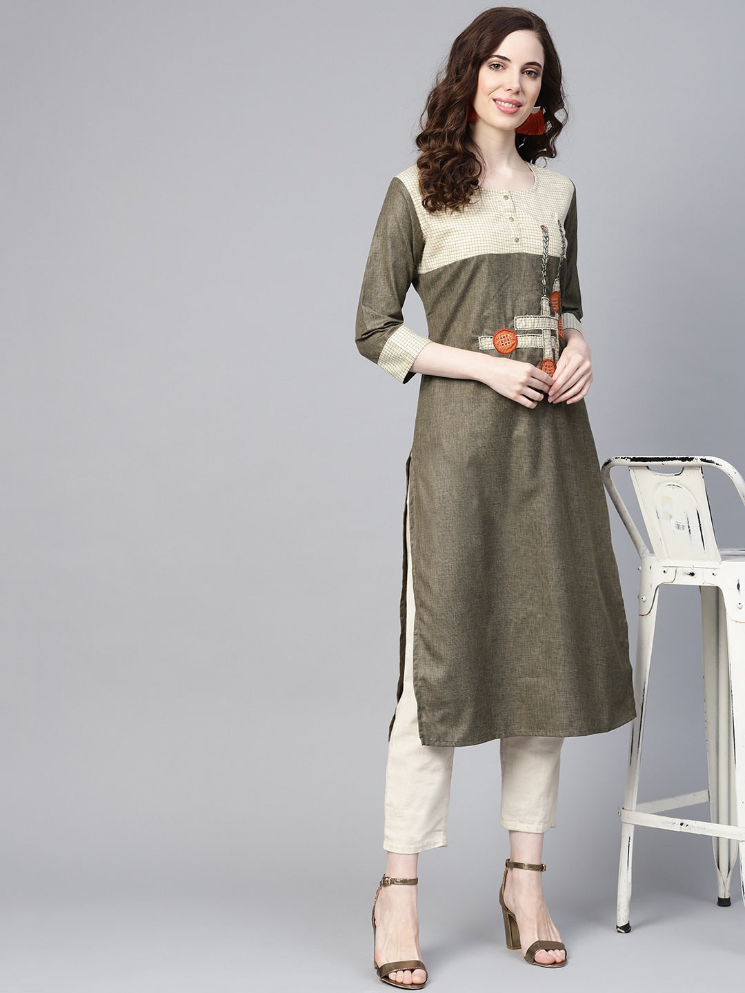 Olive Green & Beige Solid Kurta-Yufta Store-YUFPJKU957S