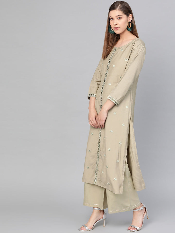 Olive Green Embroidered Kurta Set-Yufta Store-2637SETGRS