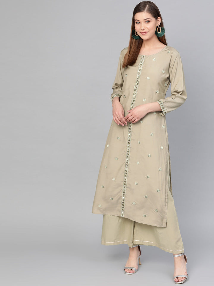 Olive Green Embroidered Kurta Set-Yufta Store-2637SETGRS