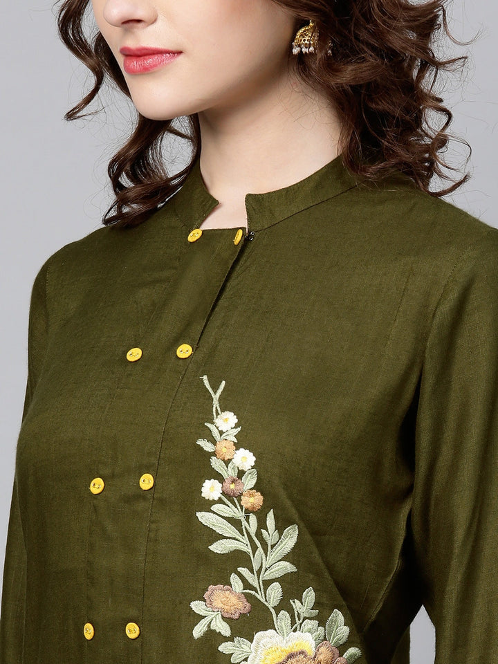 Olive Green Embroidered Kurta-Yufta Store-YUFPJSET931KUS