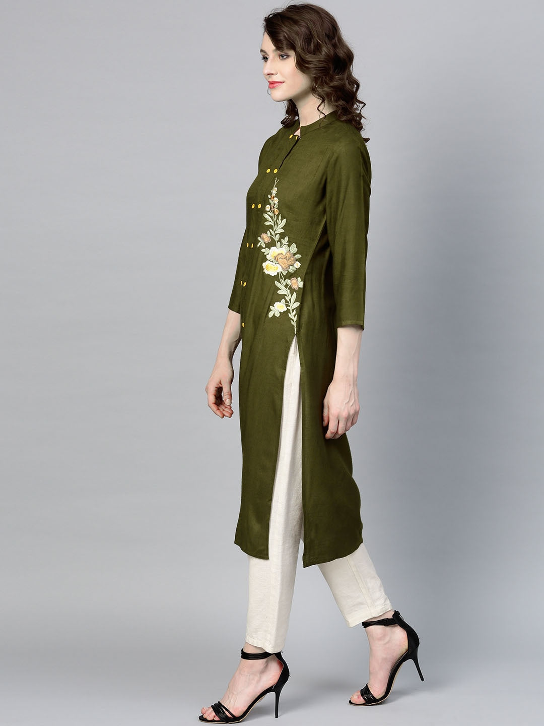 Olive Green Embroidered Kurta-Yufta Store-YUFPJSET931KUS