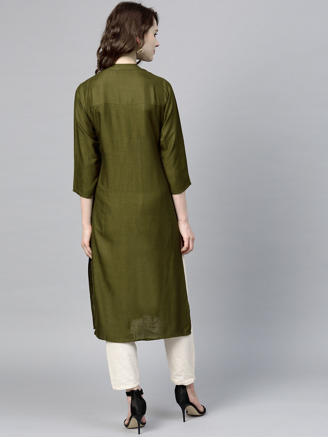 Olive Green Embroidered Kurta-Yufta Store-YUFPJSET931KUS