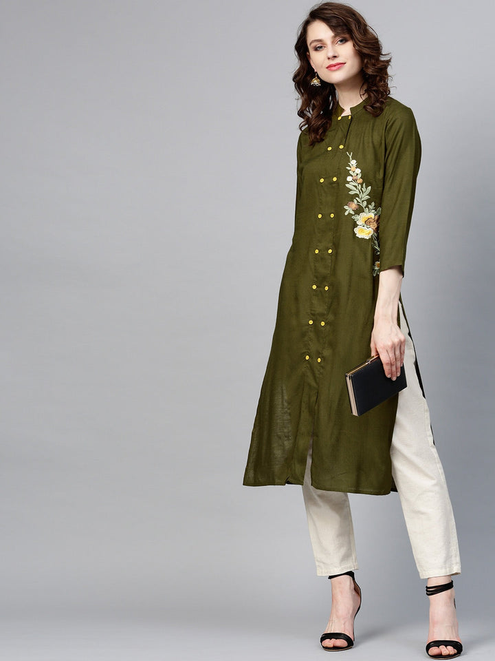 Olive Green Embroidered Kurta-Yufta Store-YUFPJSET931KUS