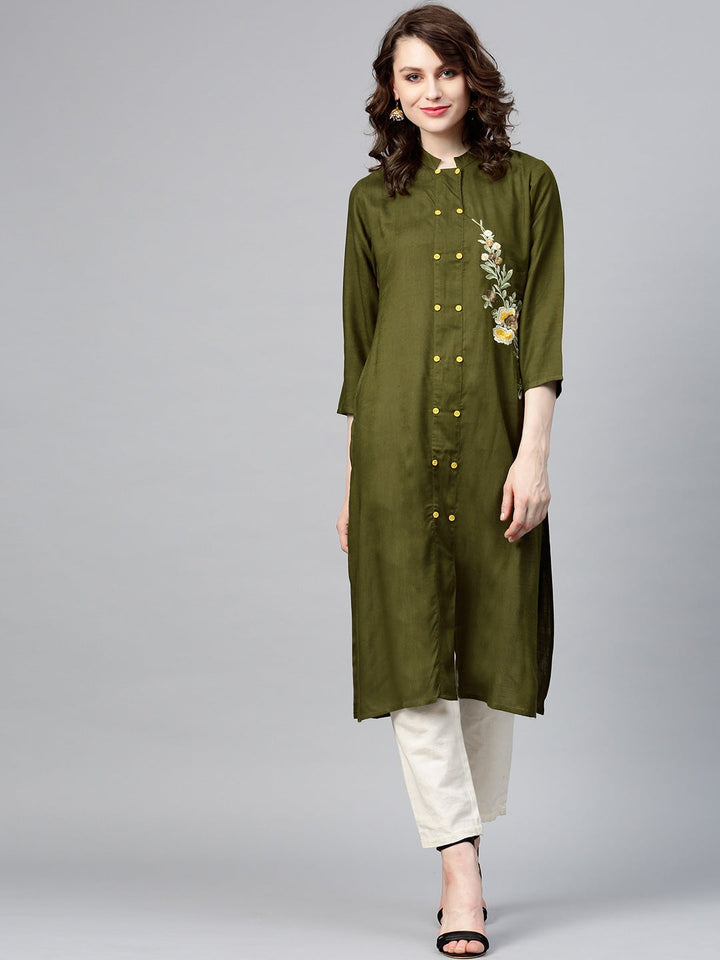 Olive Green Embroidered Kurta-Yufta Store-YUFPJSET931KUS