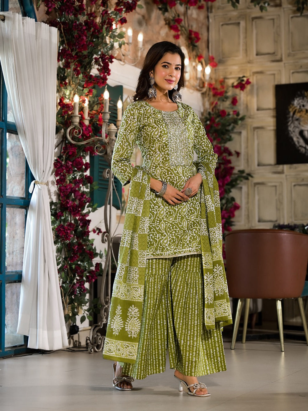 Olive Green Ethnic Motifs Zari_Work Kurta Sharara With Dupatta Set