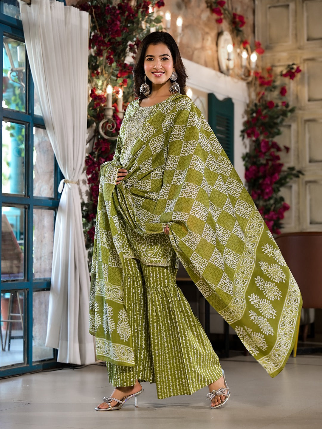 Olive Green Ethnic Motifs Zari_Work Kurta Sharara With Dupatta Set