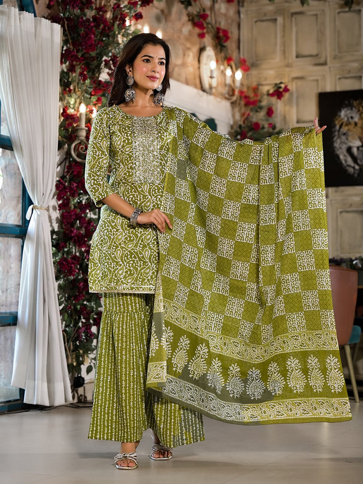 Olive Green Ethnic Motifs Zari_Work Kurta Sharara With Dupatta Set