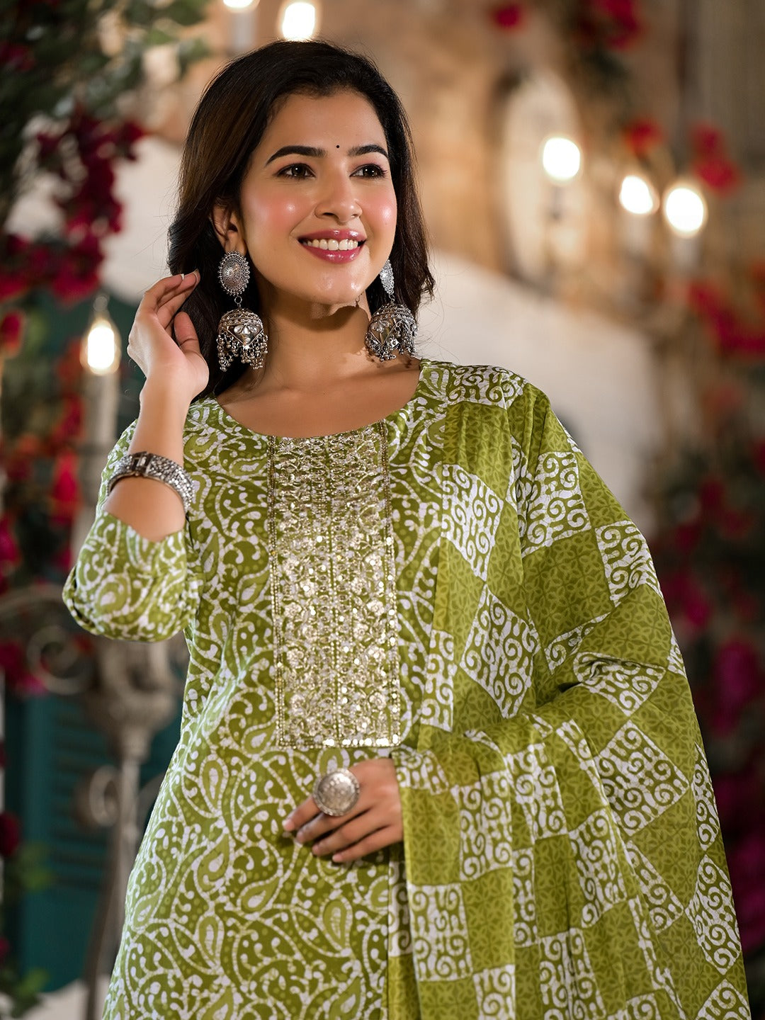 Olive Green Ethnic Motifs Zari_Work Kurta Sharara With Dupatta Set