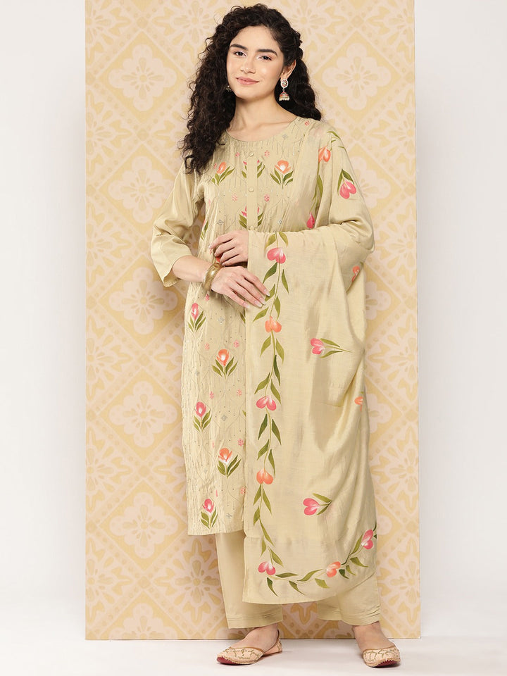 Olive Green Floral Embroidered Regular Sequinned Kurta with Trousers & With Dupatta-Yufta Store-1293SKDOLS