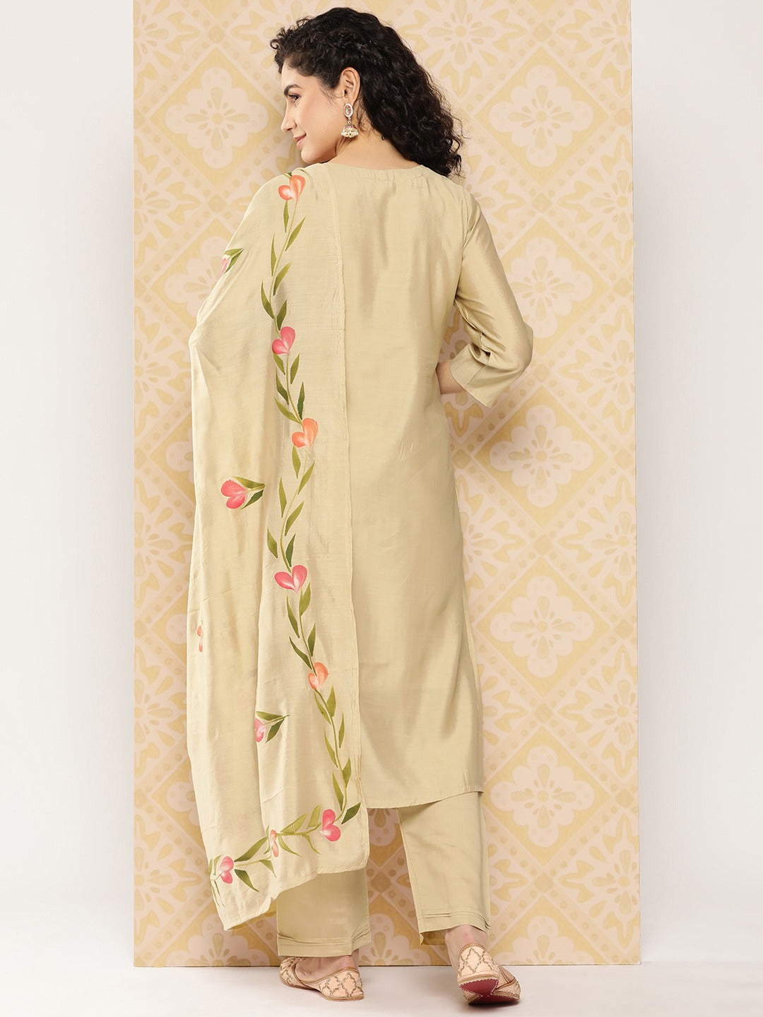 Olive Green Floral Embroidered Regular Sequinned Kurta with Trousers & With Dupatta-Yufta Store-1293SKDOLS