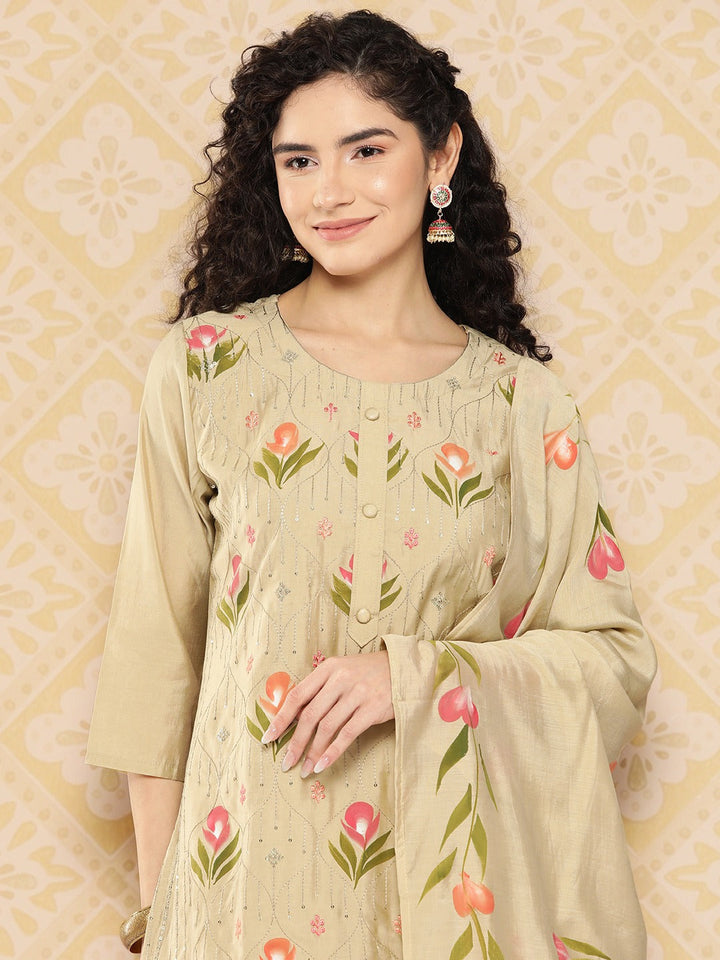 Olive Green Floral Embroidered Regular Sequinned Kurta with Trousers & With Dupatta-Yufta Store-1293SKDOLS