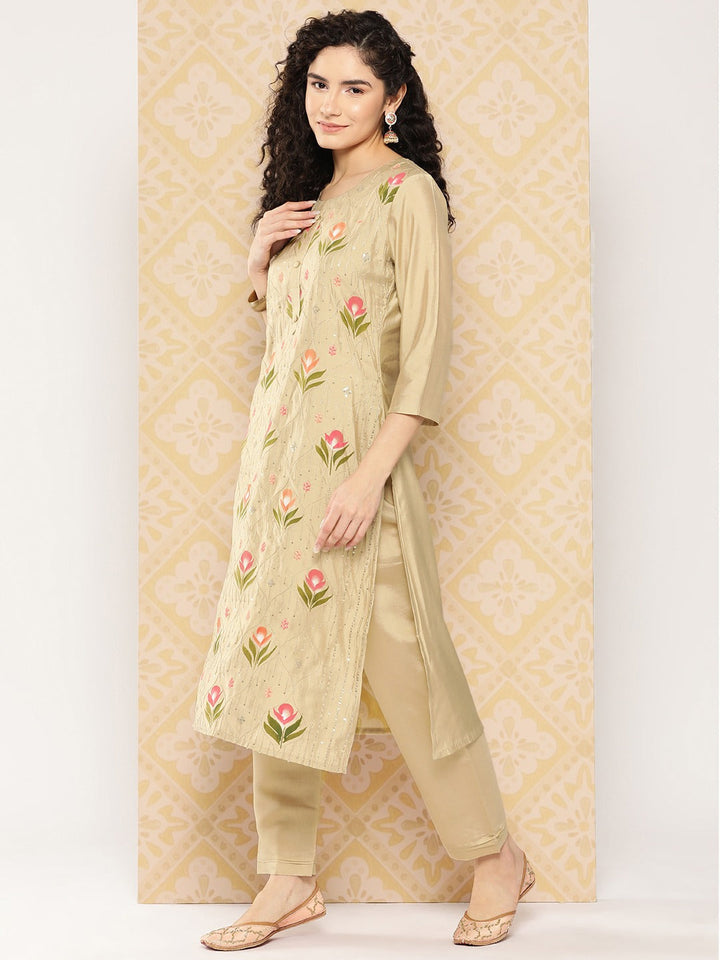 Olive Green Floral Embroidered Regular Sequinned Kurta with Trousers & With Dupatta-Yufta Store-1293SKDOLS