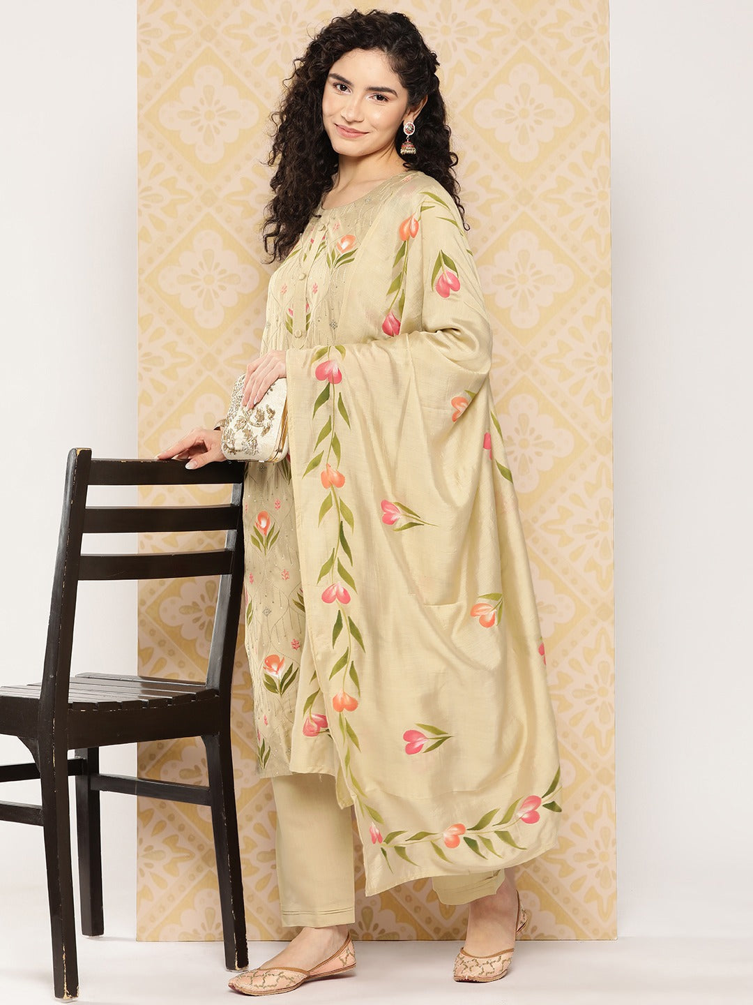 Olive Green Floral Embroidered Regular Sequinned Kurta with Trousers & With Dupatta-Yufta Store-1293SKDOLS
