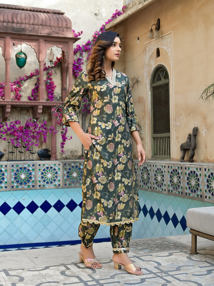 Olive Green Floral Print Straight Kurta Trouser Set