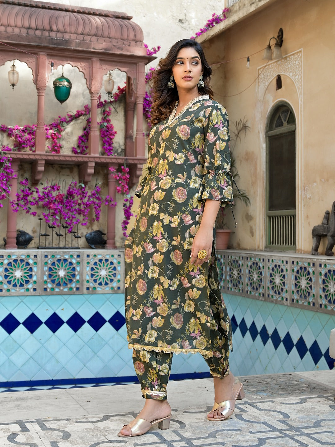 Olive Green Floral Print Straight Kurta Trouser Set