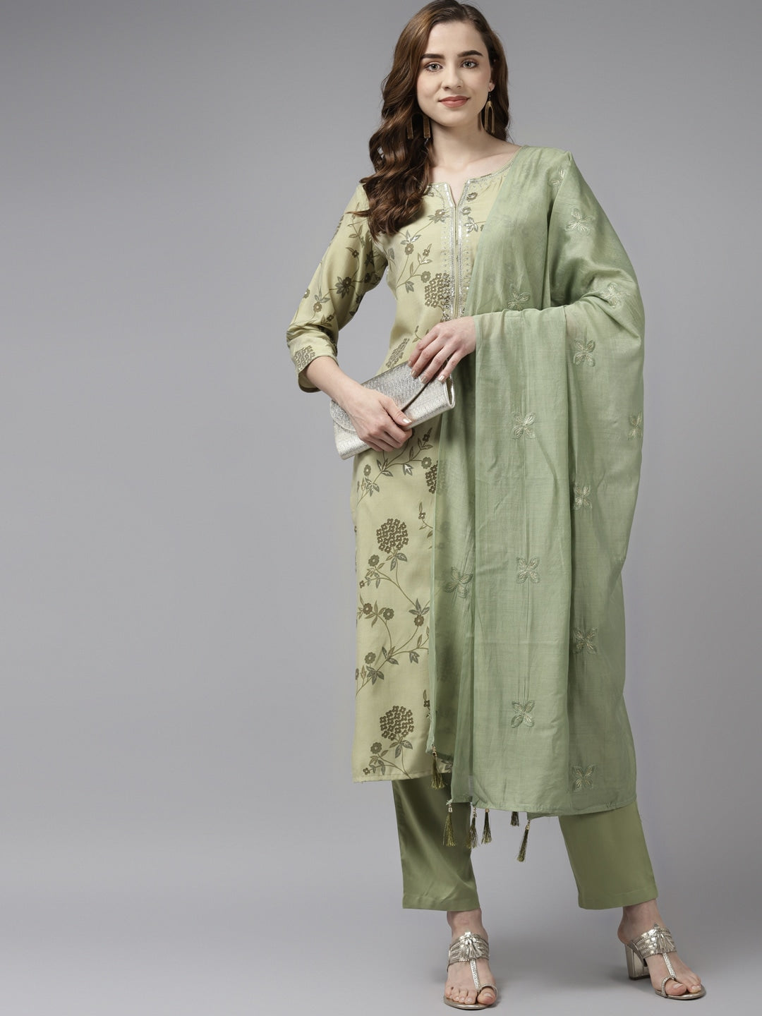 Olive Green Floral Printed Dupatta Set-Yufta Store-9245SKDGRS