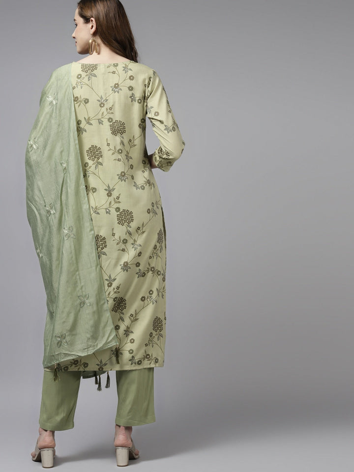 Olive Green Floral Printed Dupatta Set-Yufta Store-9245SKDGRS