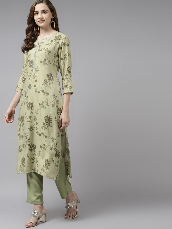 Olive Green Floral Printed Dupatta Set-Yufta Store-9245SKDGRS