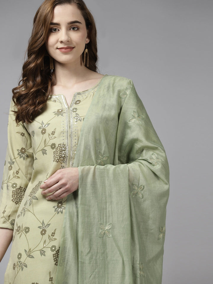 Olive Green Floral Printed Dupatta Set-Yufta Store-9245SKDGRS