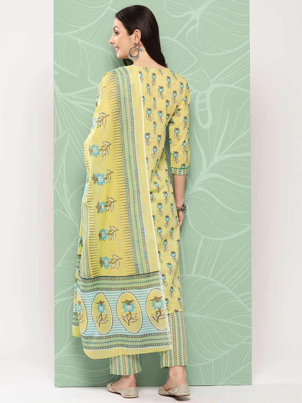 Olive Green Floral Printed Pure Cotton Kurta With Trouser And Dupatta-Yufta Store-1371SKDOLS