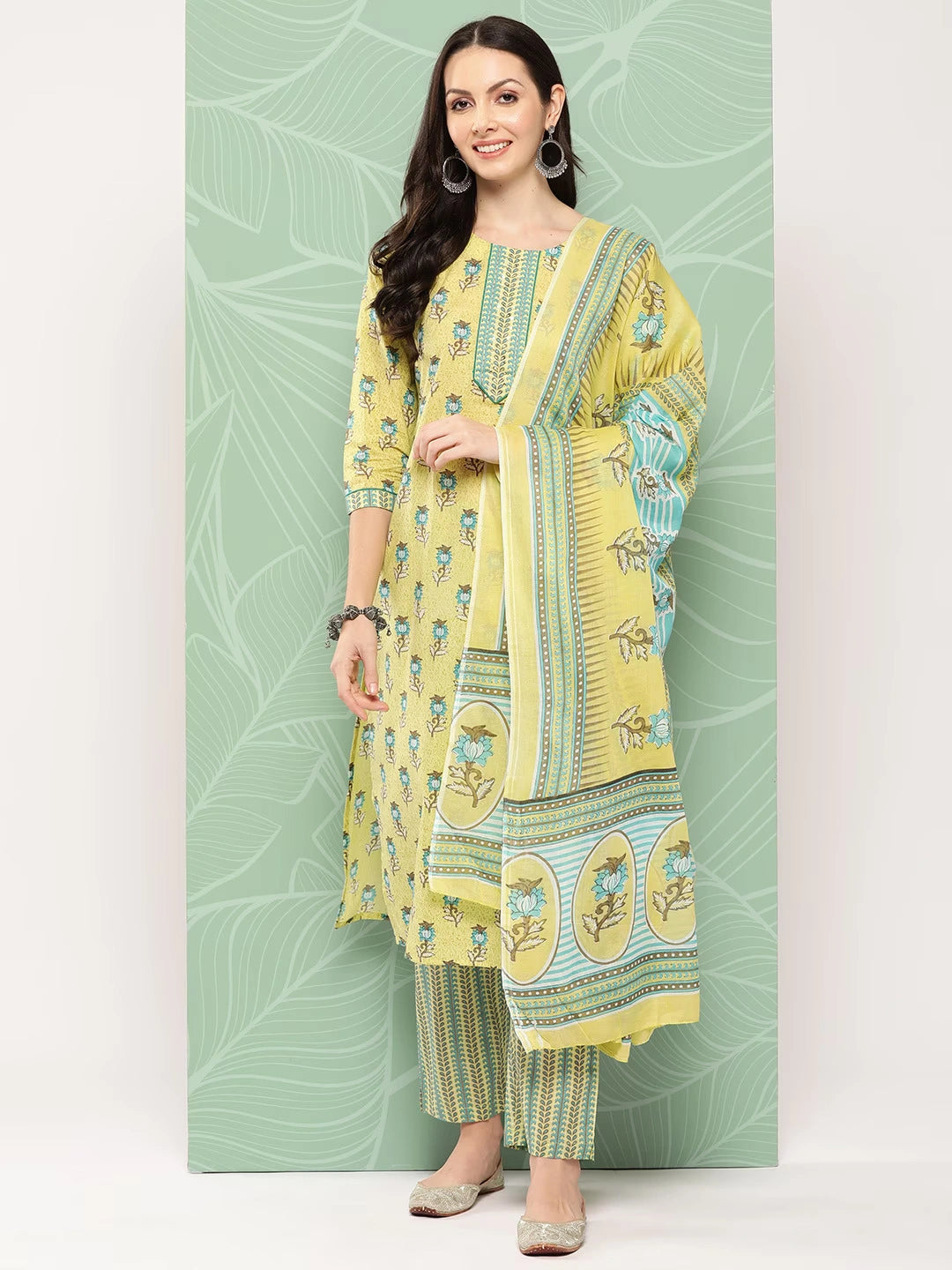 Olive Green Floral Printed Pure Cotton Kurta With Trouser And Dupatta-Yufta Store-1371SKDOLS