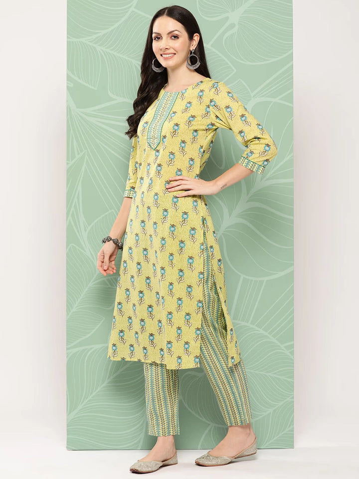 Olive Green Floral Printed Pure Cotton Kurta With Trouser And Dupatta-Yufta Store-1371SKDOLS