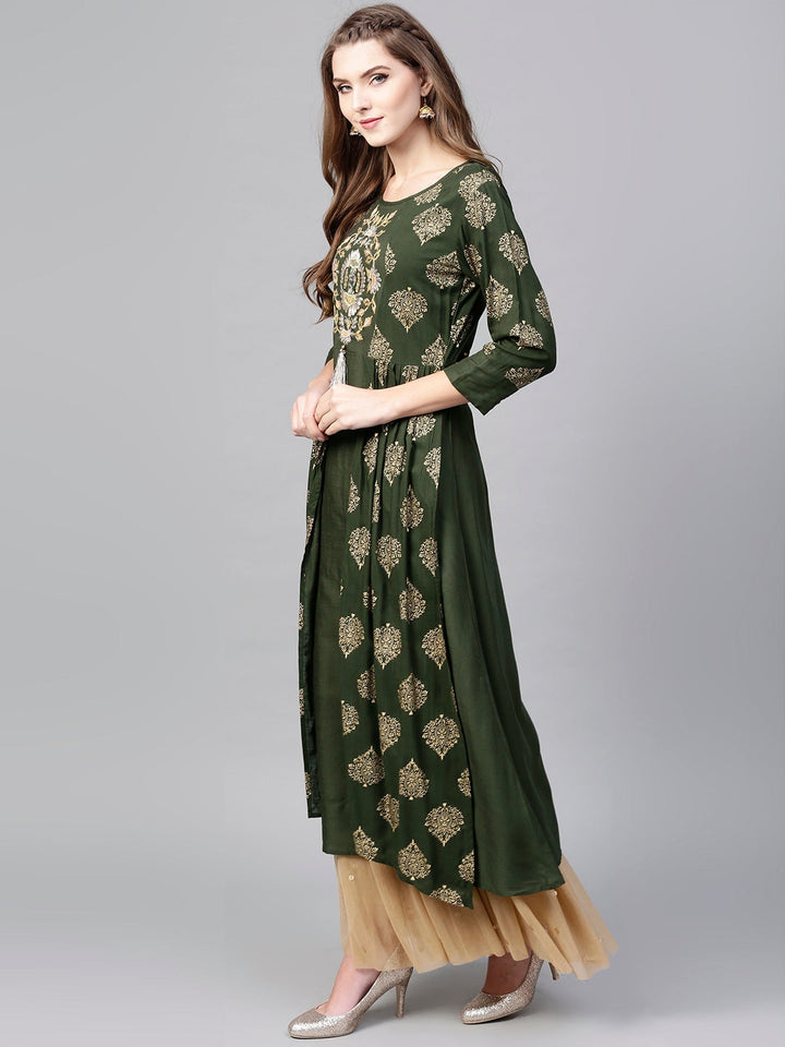 Olive Green & Golden A-Line Kurta-Yufta Store-DBNWKU1585S