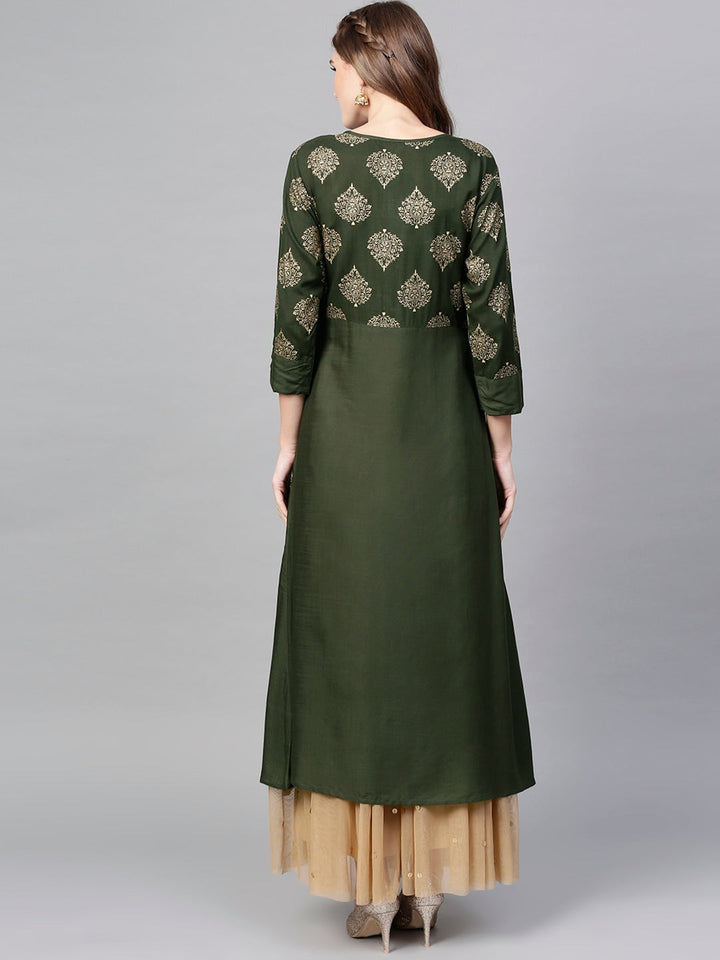 Olive Green & Golden A-Line Kurta-Yufta Store-DBNWKU1585S