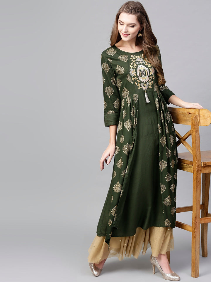 Olive Green & Golden A-Line Kurta-Yufta Store-DBNWKU1585S