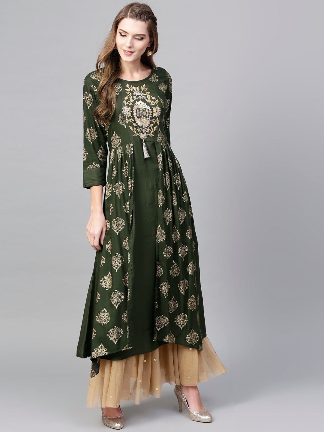 Olive Green & Golden A-Line Kurta-Yufta Store-DBNWKU1585S