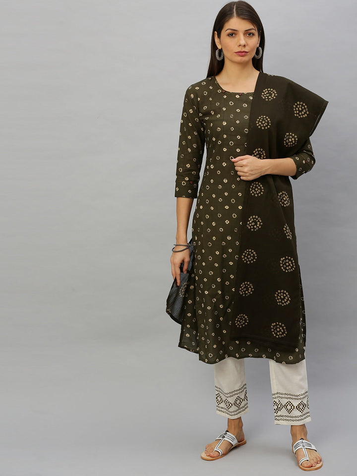 Olive Green & Off-White Bandhani Dupatta Set-Yufta Store-7232SETGRS