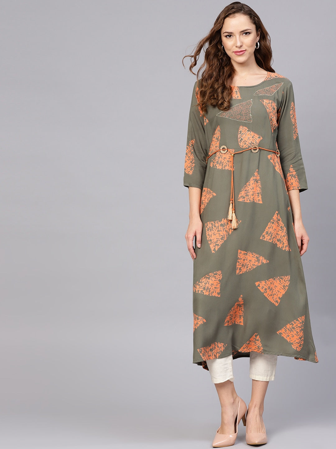 Olive Green & Orange A-Line Kurta-Yufta Store-DBNWKU1573S