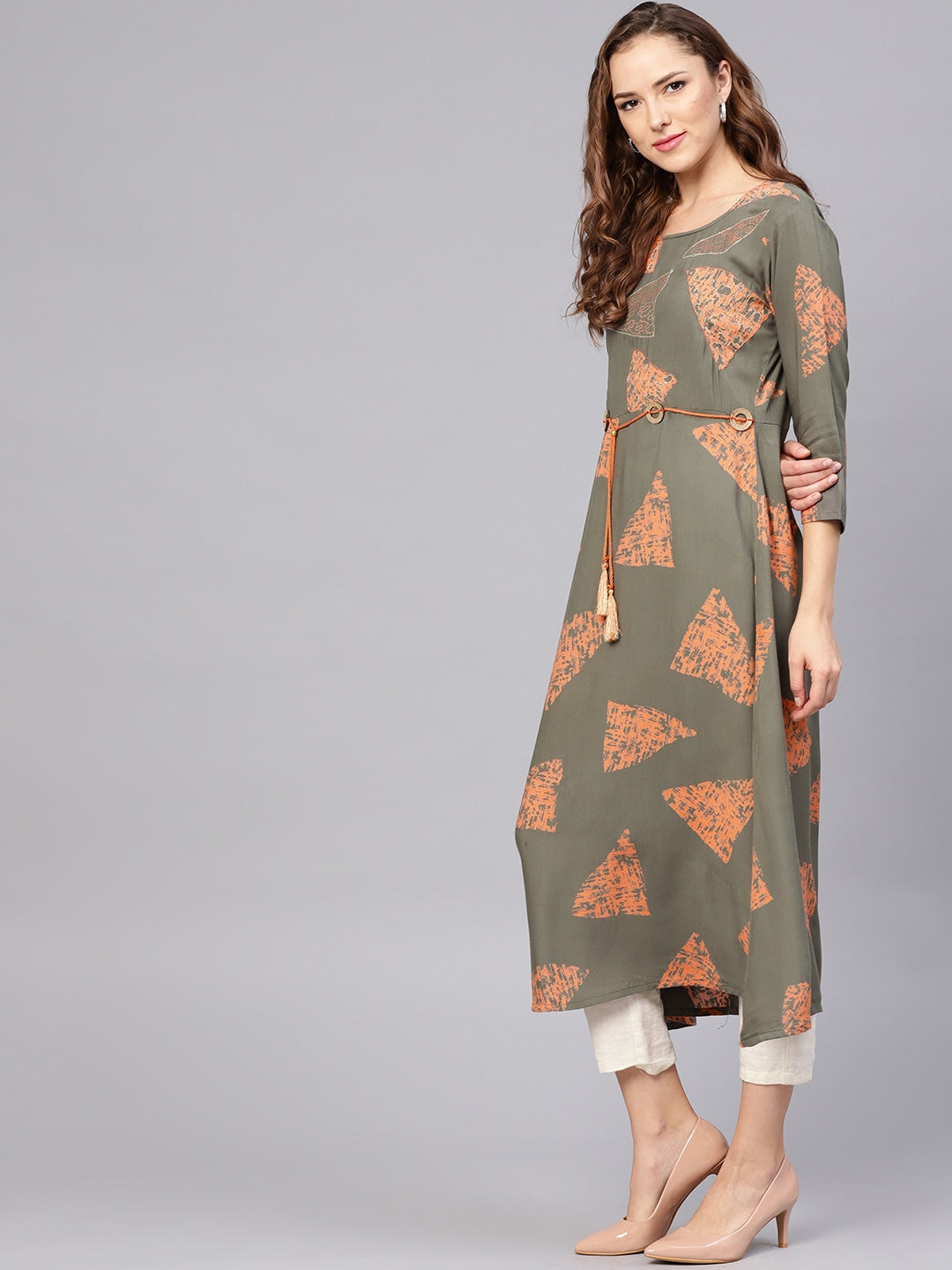 Olive Green & Orange A-Line Kurta-Yufta Store-DBNWKU1573S