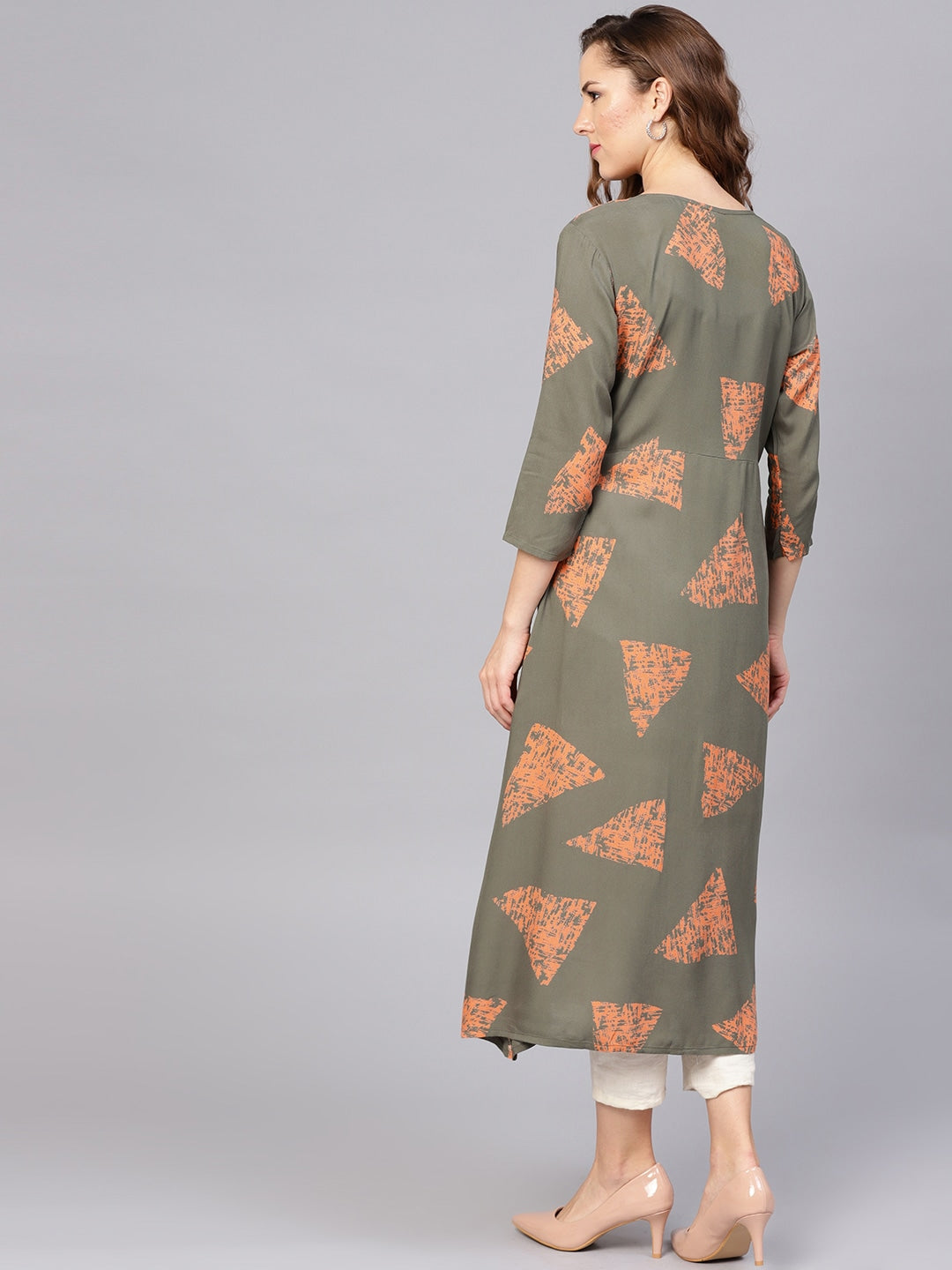 Olive Green & Orange A-Line Kurta-Yufta Store-DBNWKU1573S